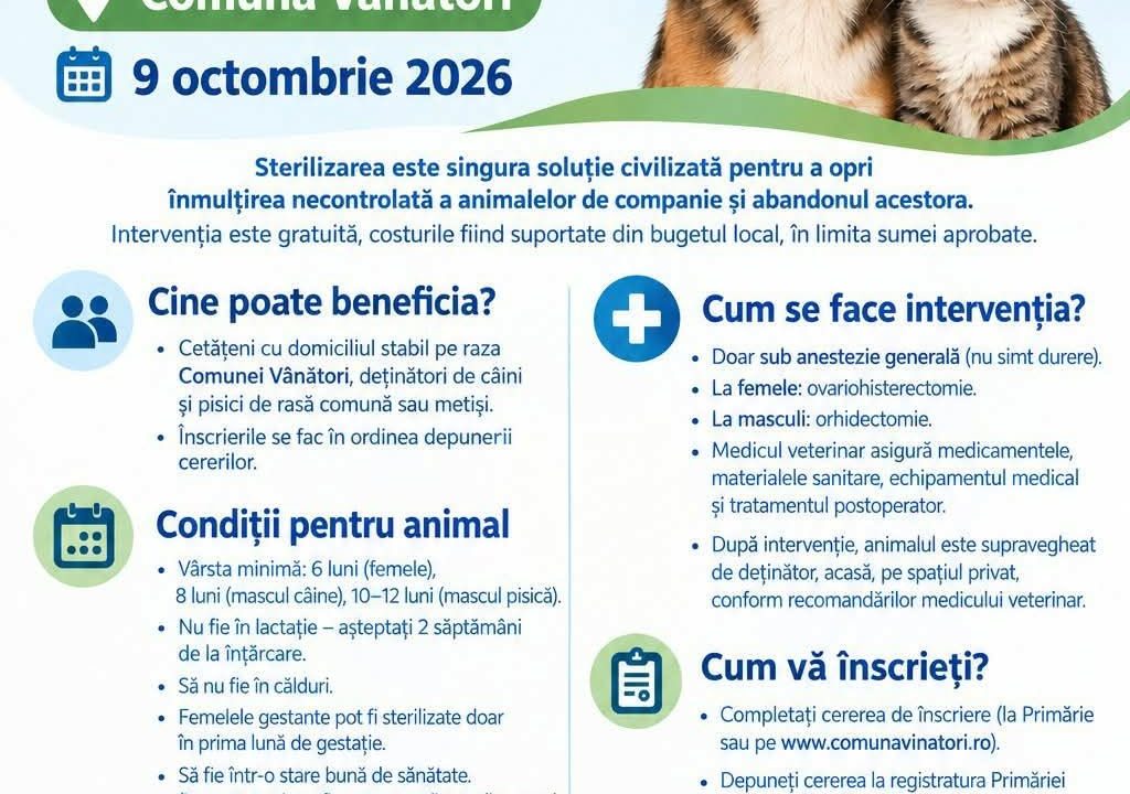 Campanie de sterilizare gratuita a cainilor si pisicilor de rasa din comuna Vanatori